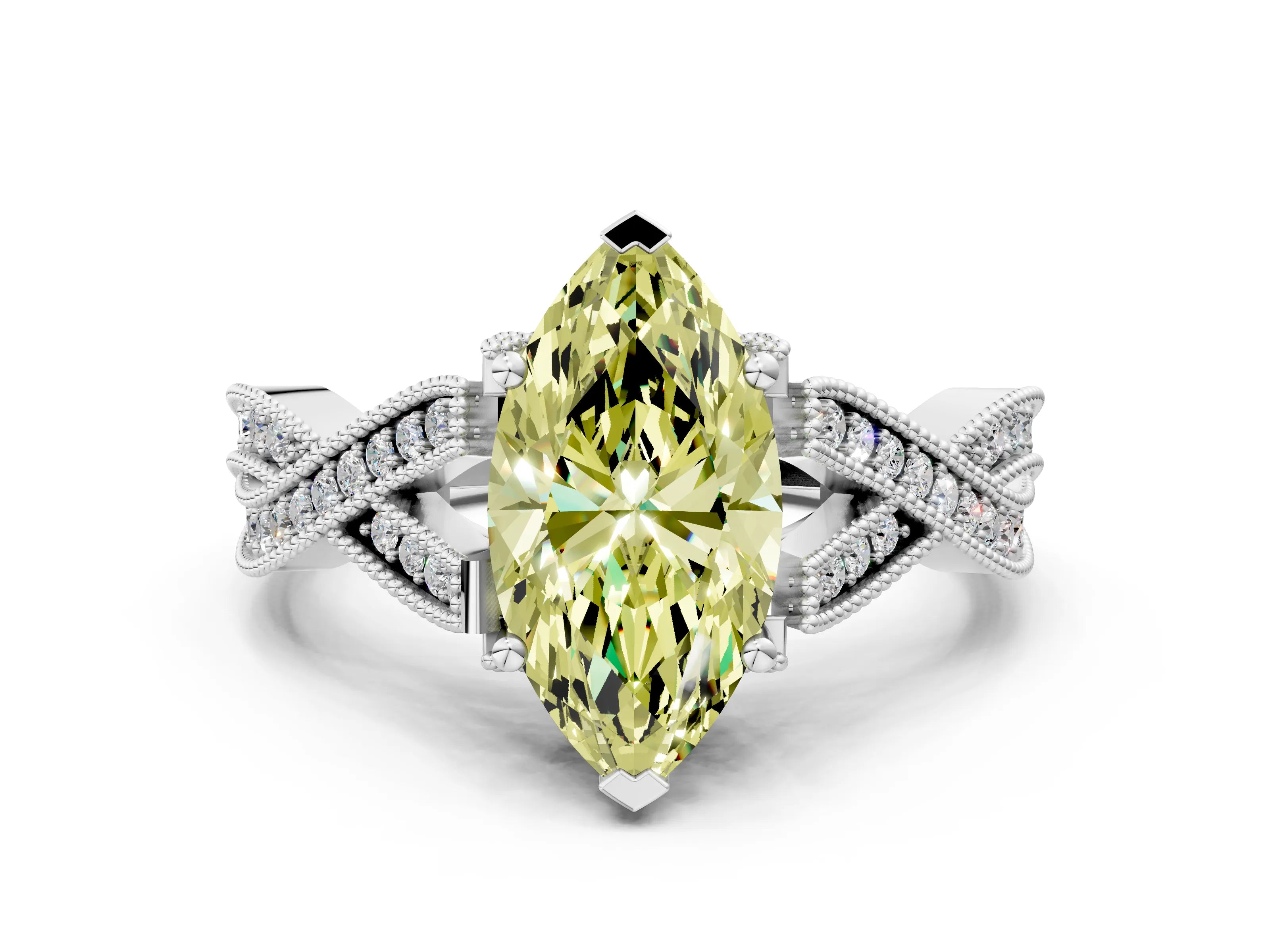 White gold Fancy Yellow Marquise Cut Cut Diamond Twisted Band with Milgrain Pave Setting and Four-Prong Setting_12