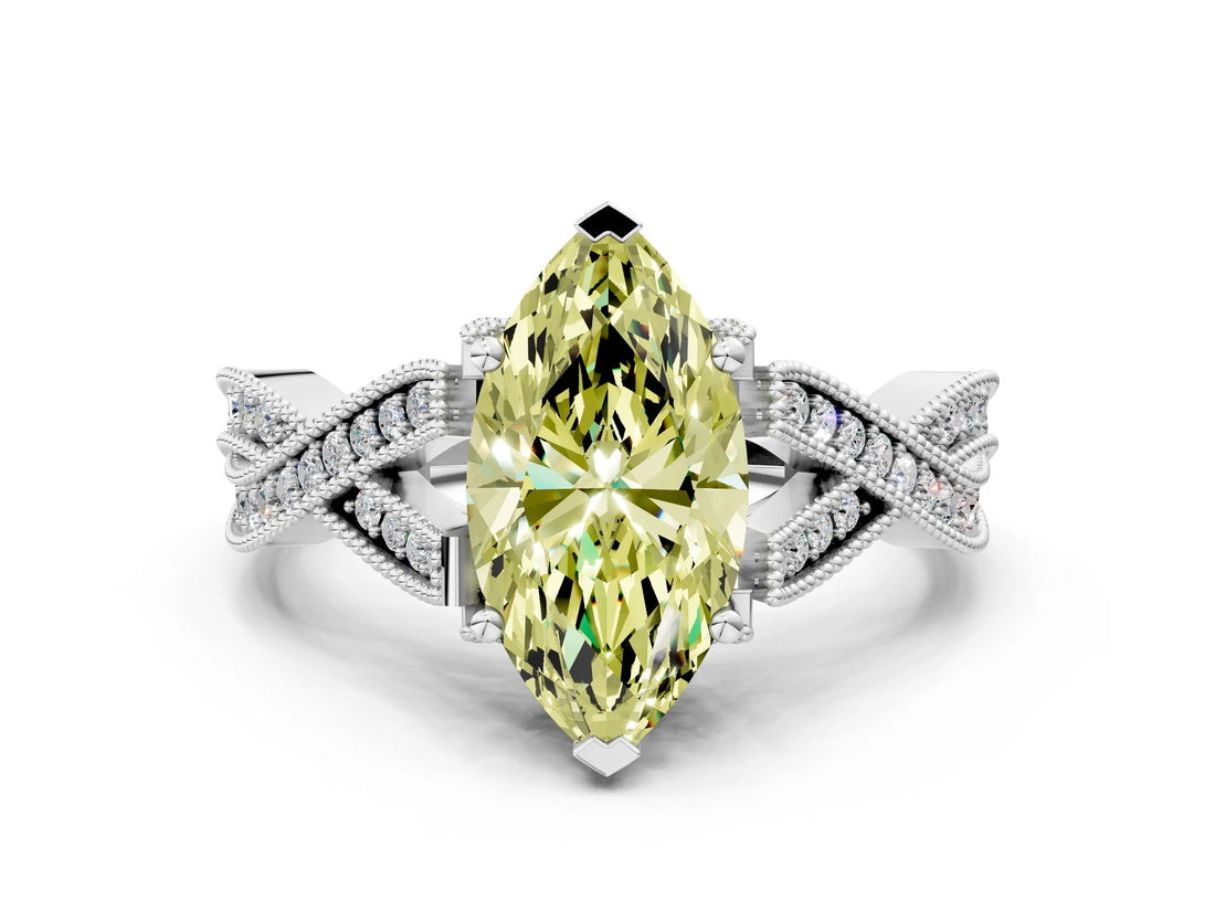 White gold Fancy Yellow Marquise Cut Cut Diamond Twisted Band with Milgrain Pave Setting and Four-Prong Setting_12