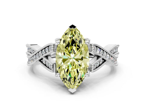 White gold Fancy Yellow Marquise Cut Cut Diamond Twisted Band with Milgrain Pave Setting and Four-Prong Setting