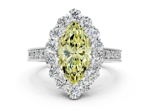 White gold Fancy Yellow Marquise Cut Cut Halo Diamond Pavé Engagement Ring with Milgrain Detailing_24