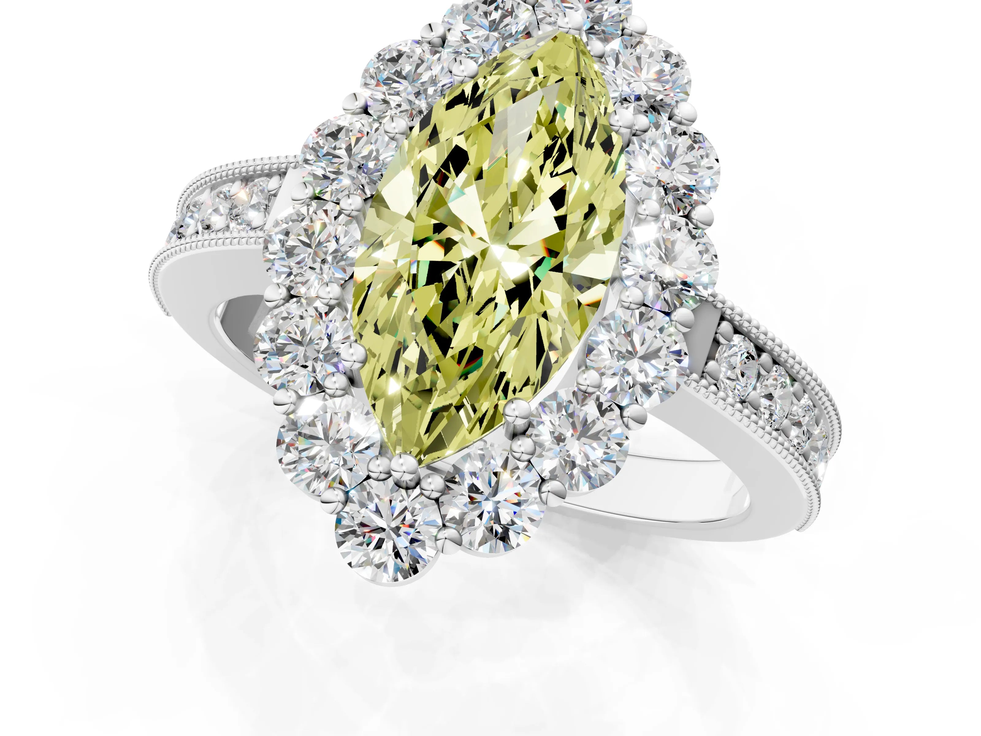 White gold Fancy Yellow Marquise Cut Cut Halo Diamond Pavé Engagement Ring with Milgrain Detailing_25