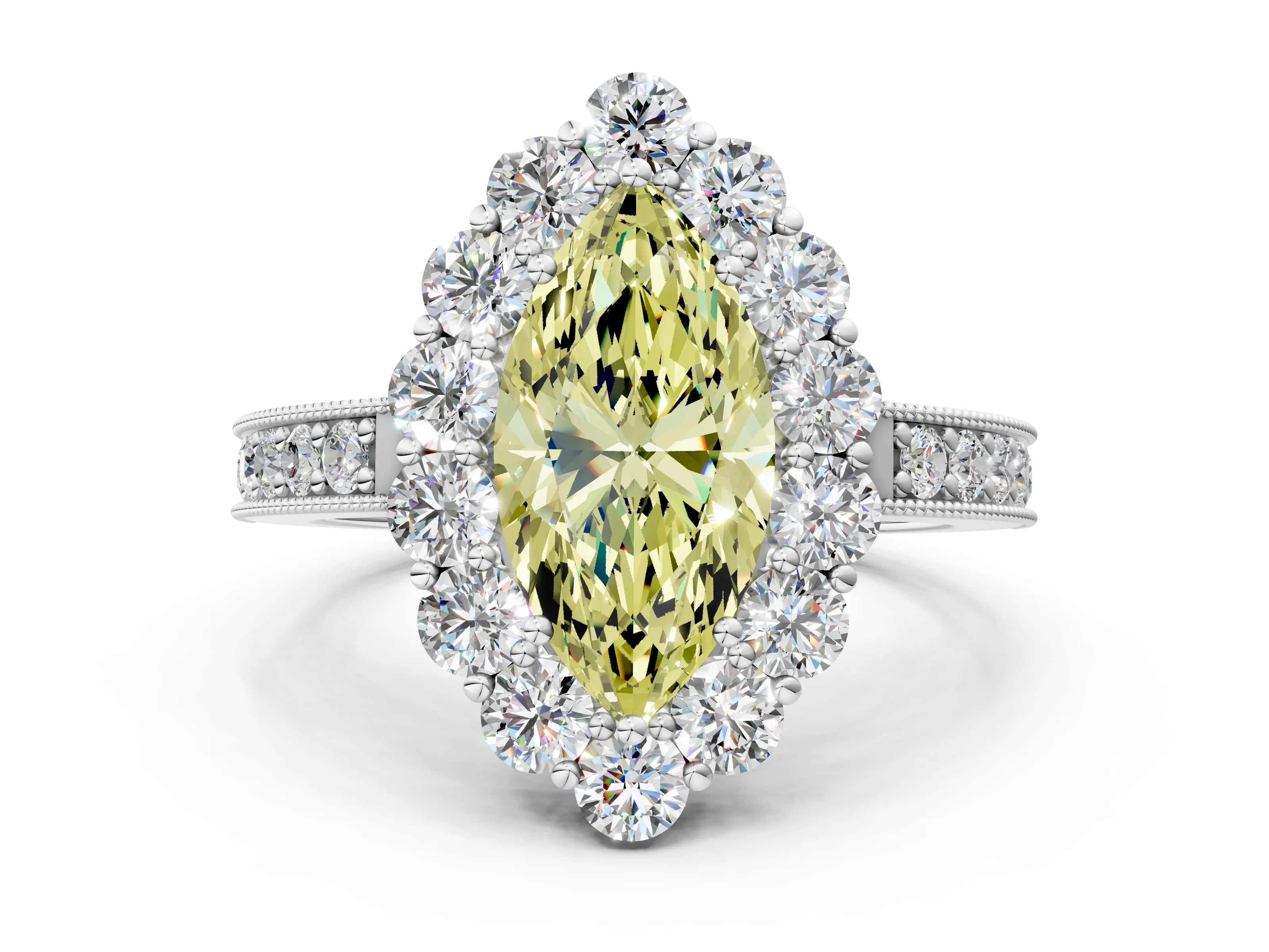 White gold Fancy Yellow Marquise Cut Cut Halo Diamond Pavé Engagement Ring with Milgrain Detailing_36
