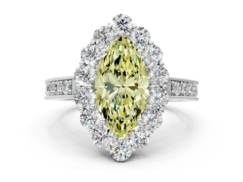 White gold Fancy Yellow Marquise Cut Cut Halo Diamond Pavé Engagement Ring with Milgrain Detailing_36