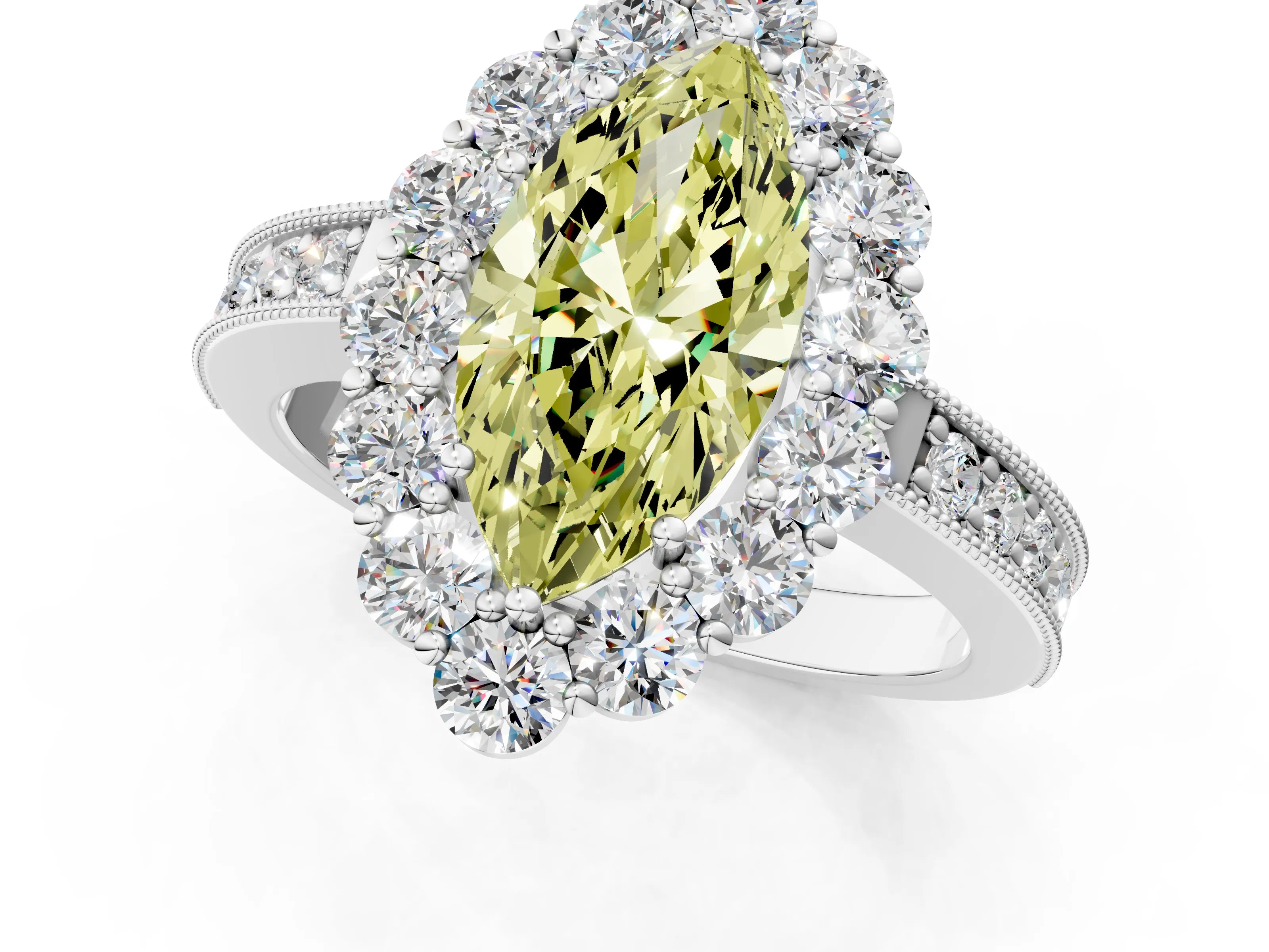 White gold Fancy Yellow Marquise Cut Cut Halo Diamond Pavé Engagement Ring with Milgrain Detailing_37