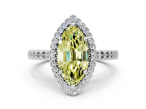 White gold Fancy Yellow Marquise Cut Cut Halo Pavé Solitaire Ring with Milgrain Band_12