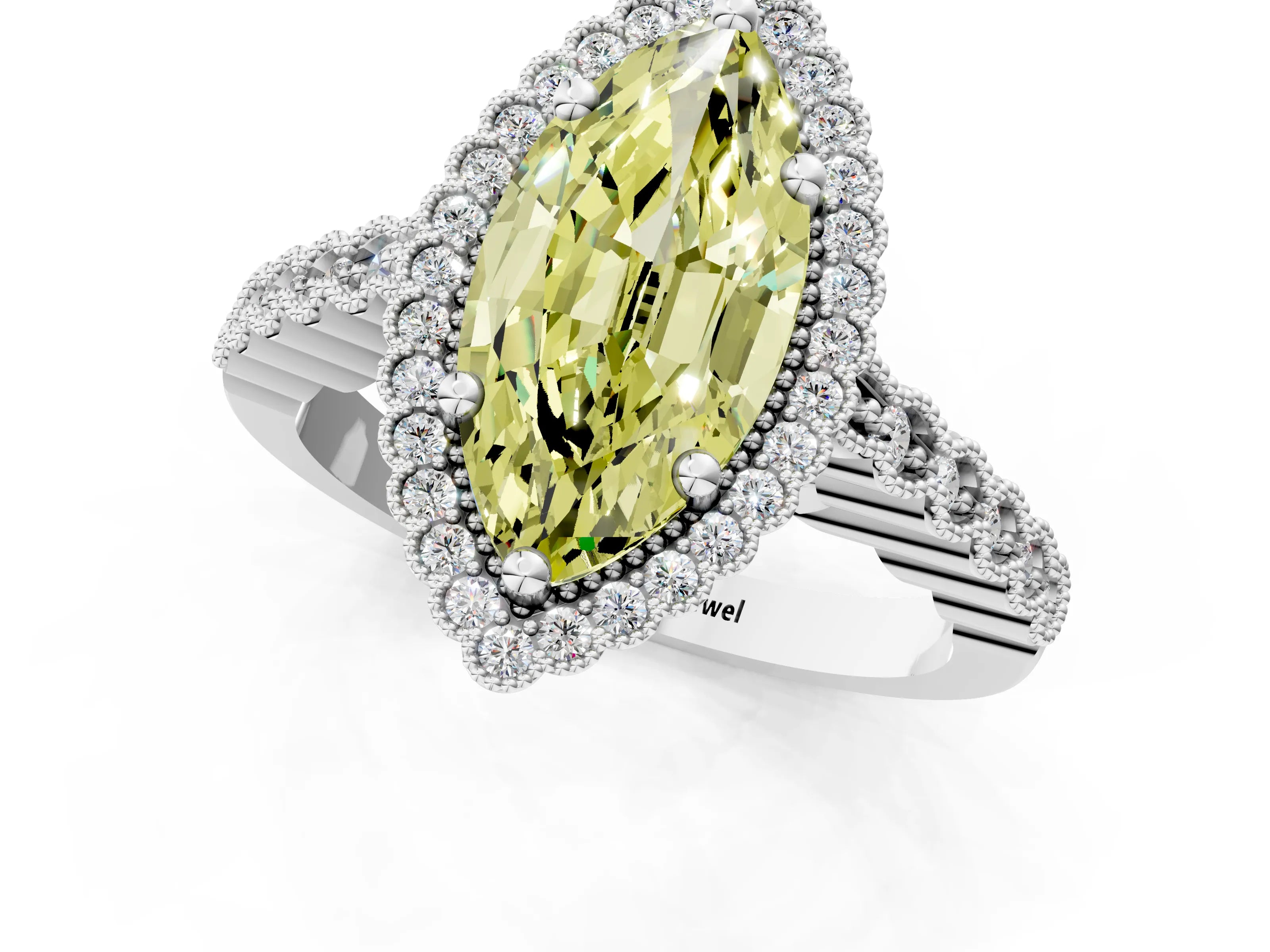 White gold Fancy Yellow Marquise Cut Cut Halo Pavé Solitaire Ring with Milgrain Band_13