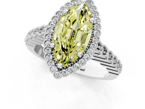 White gold Fancy Yellow Marquise Cut Cut Halo Pavé Solitaire Ring with Milgrain Band_13