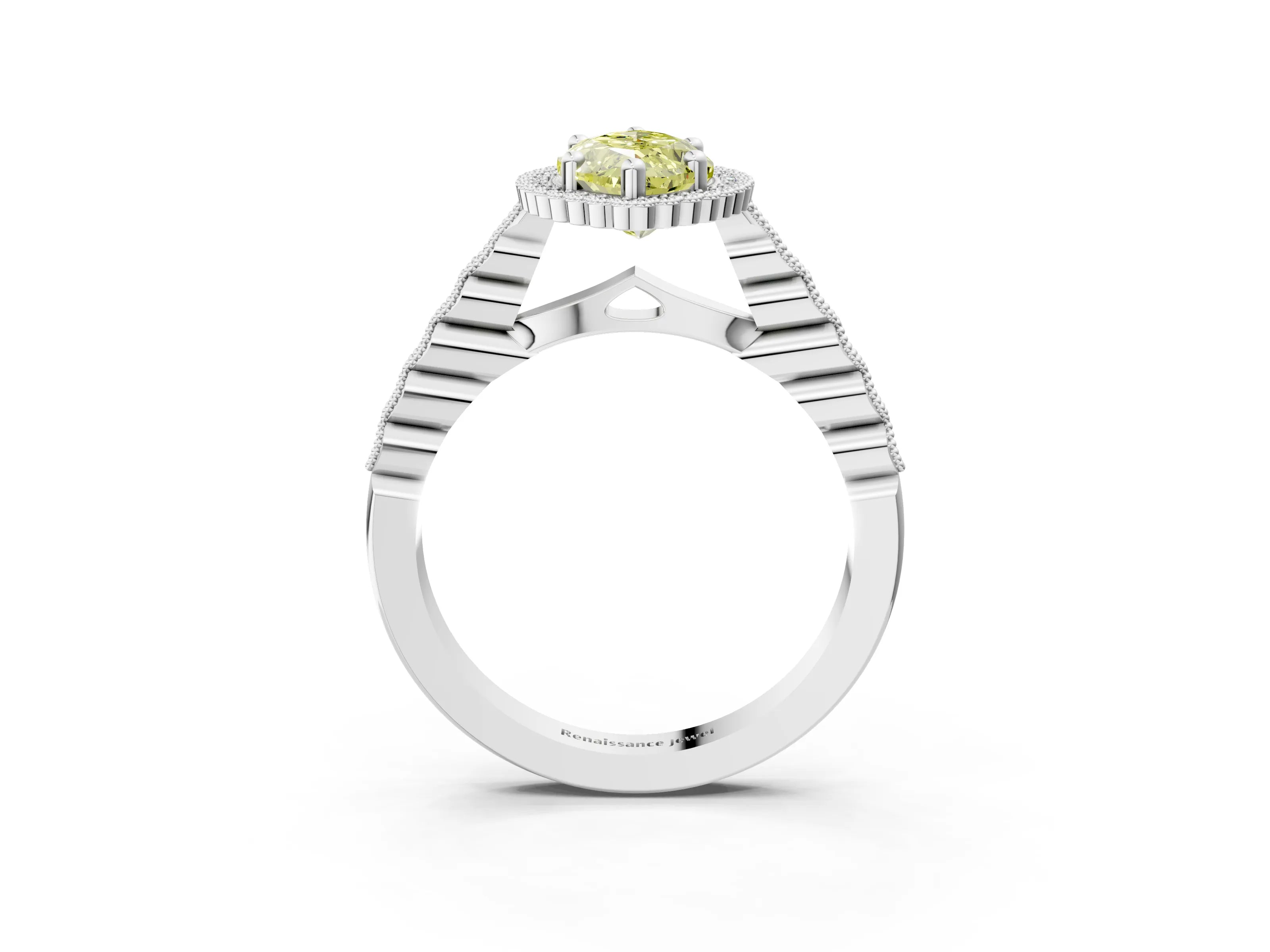 White gold Fancy Yellow Marquise Cut Cut Halo Pavé Solitaire Ring with Milgrain Band_15