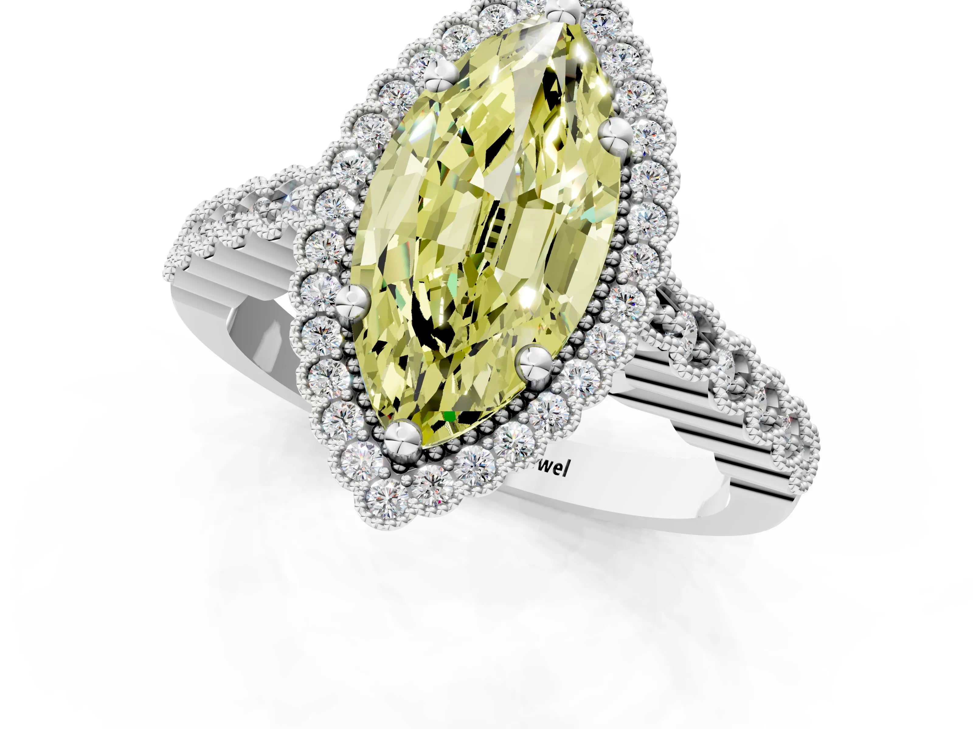 White gold Fancy Yellow Marquise Cut Cut Halo Pavé Solitaire Ring with Milgrain Band_1