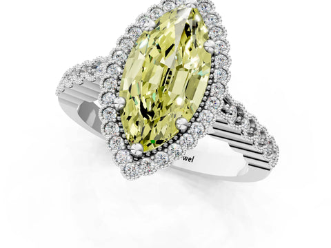 White gold Fancy Yellow Marquise Cut Cut Halo Pavé Solitaire Ring with Milgrain Band_1