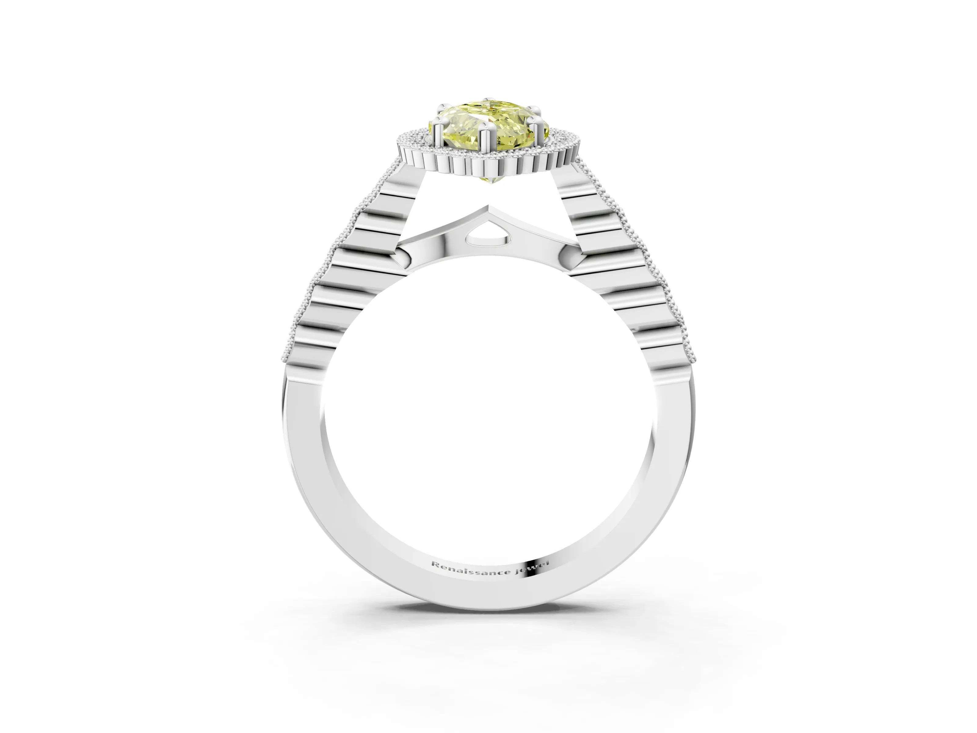 White gold Fancy Yellow Marquise Cut Cut Halo Pavé Solitaire Ring with Milgrain Band_3