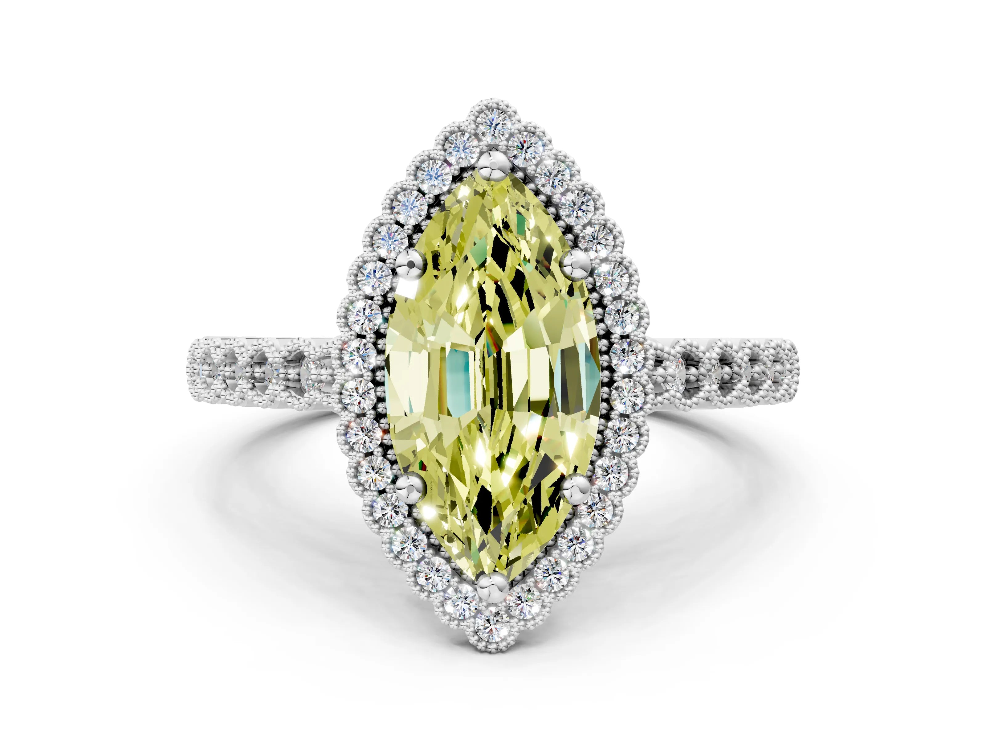 White gold Fancy Yellow Marquise Cut Cut Halo Pavé Solitaire Ring with Milgrain Band