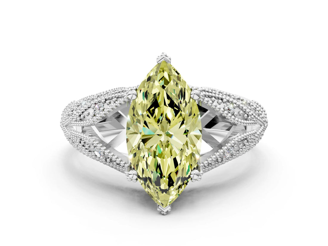 White gold Fancy Yellow Marquise Cut Cut Milgrain Pave Diamond Engagement Ring with Four-Prong Setting_3