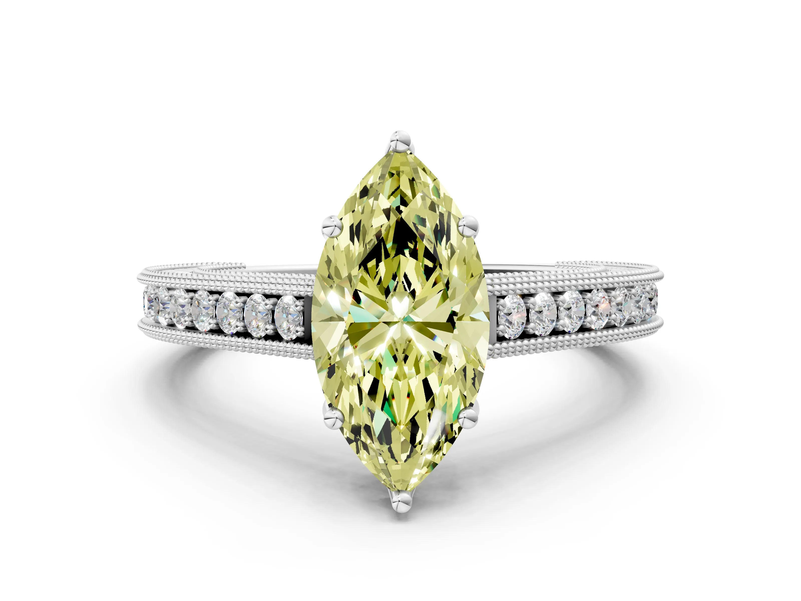 White gold Fancy Yellow Marquise Cut Cut Pave Band Milgrain Solitaire Ring