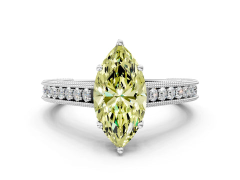 White gold Fancy Yellow Marquise Cut Cut Pave Band Milgrain Solitaire Ring