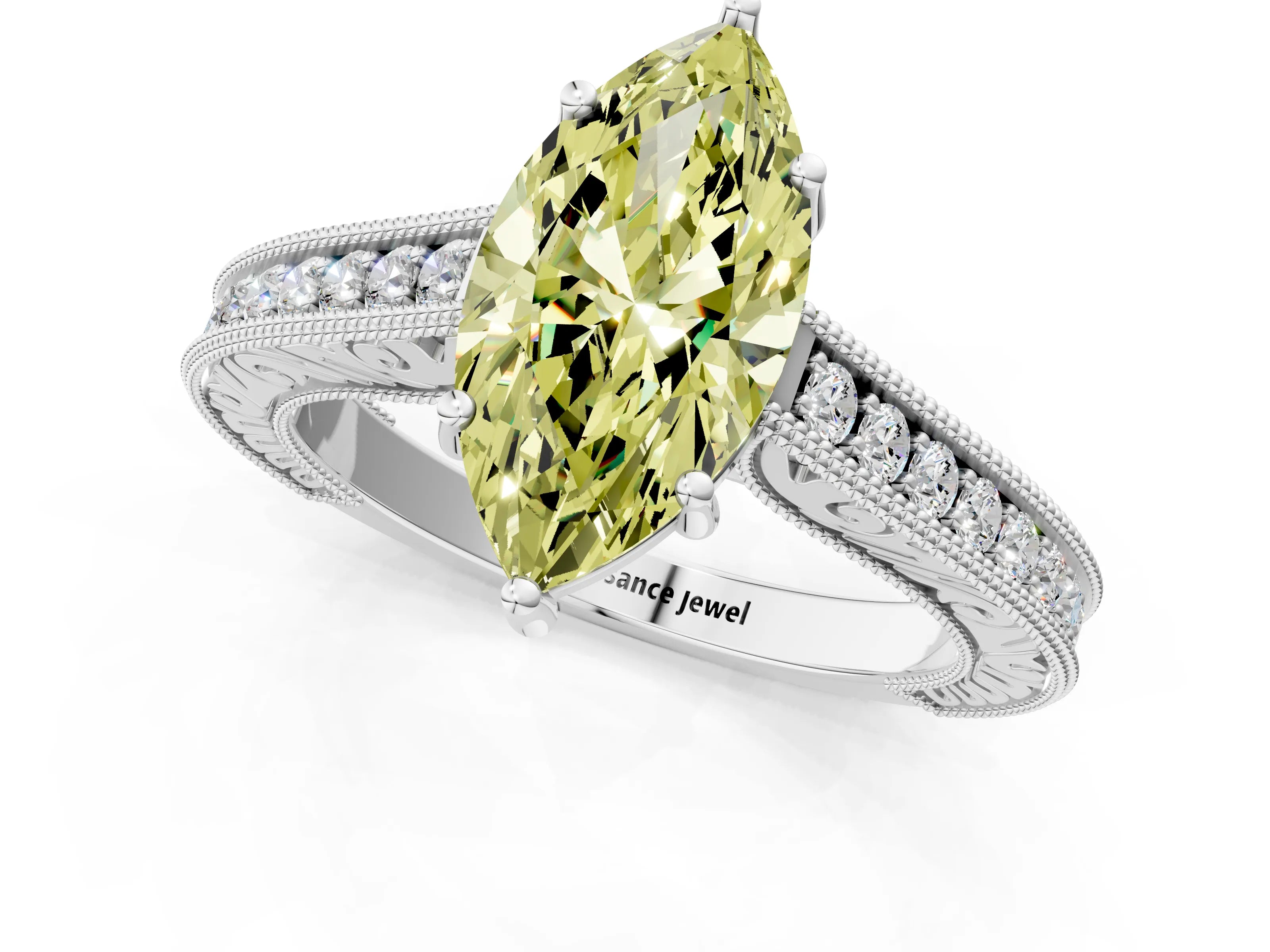 White gold Fancy Yellow Marquise Cut Cut Pave Band Milgrain Solitaire Ring_1
