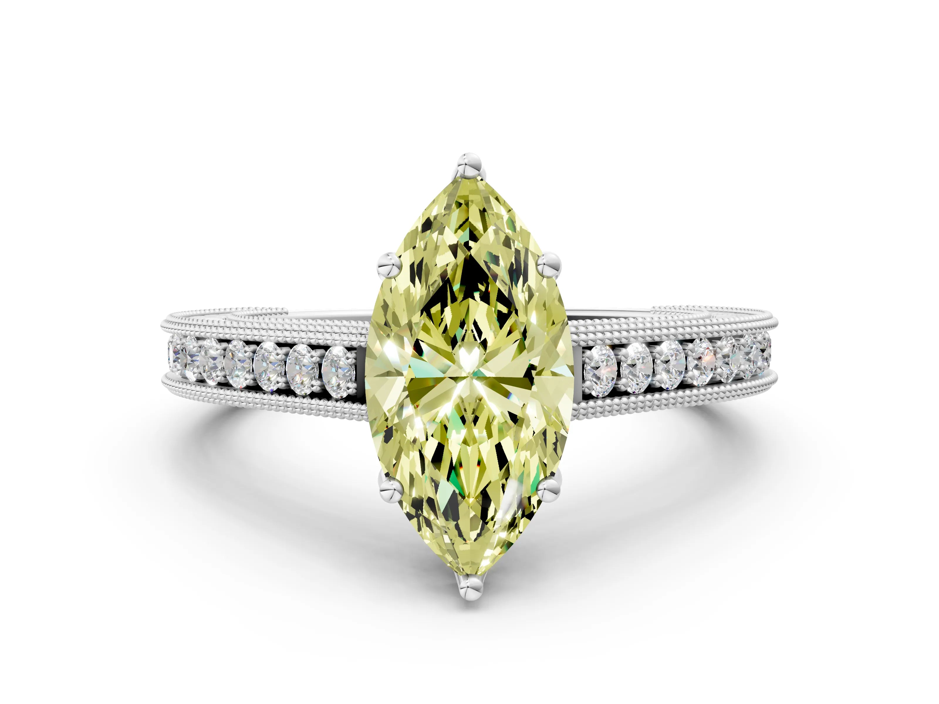 White gold Fancy Yellow Marquise Cut Cut Pave Band Milgrain Solitaire Ring_1