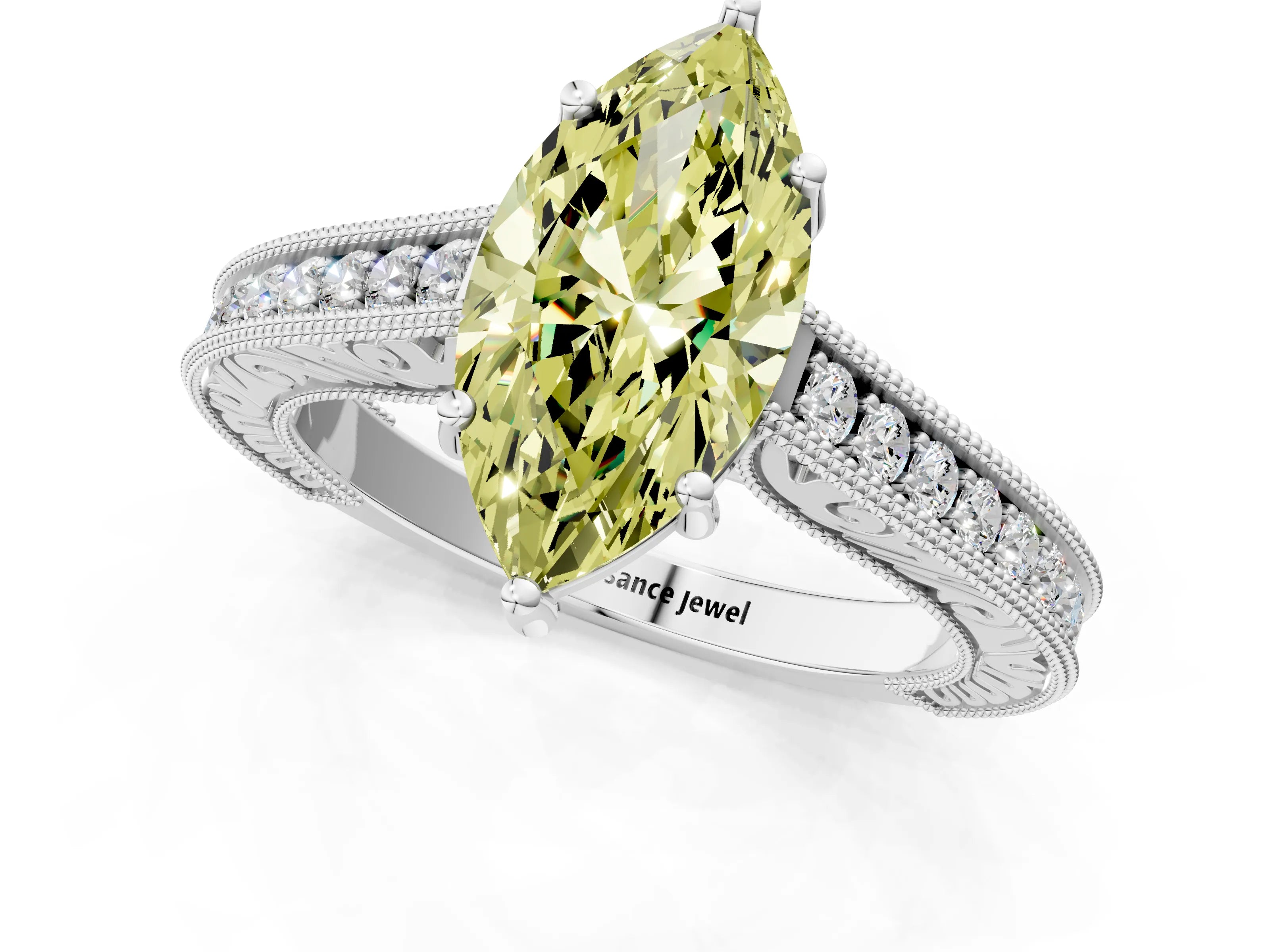 White gold Fancy Yellow Marquise Cut Cut Pave Band Milgrain Solitaire Ring_1