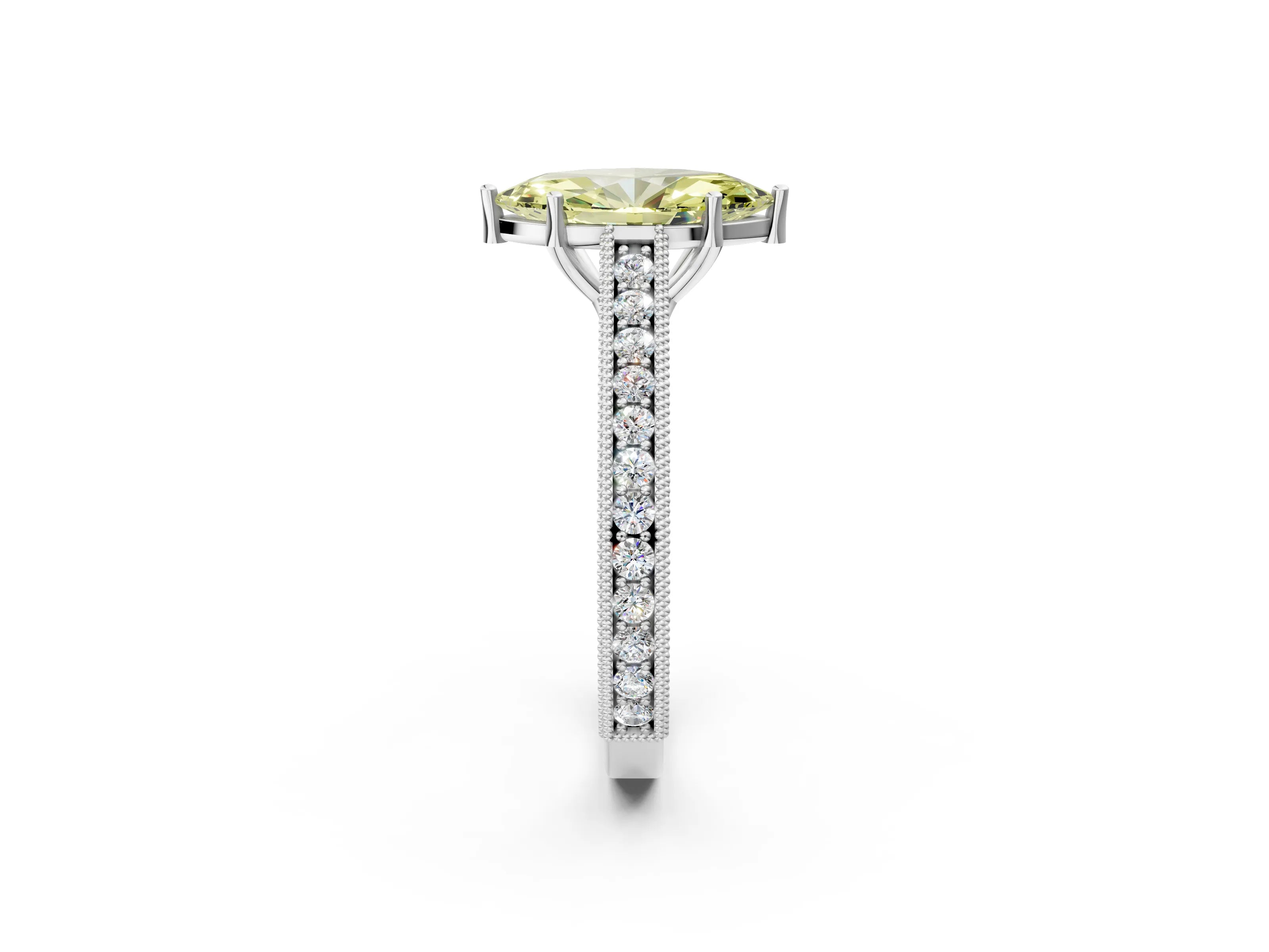 White gold Fancy Yellow Marquise Cut Cut Pave Band Milgrain Solitaire Ring_2