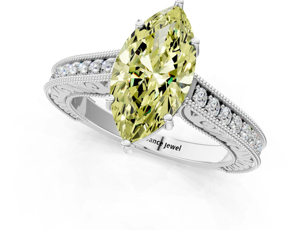 Sterling Silver Marquise Vintage Pave Engagement Ring Setting for Fancy Yellow Center
