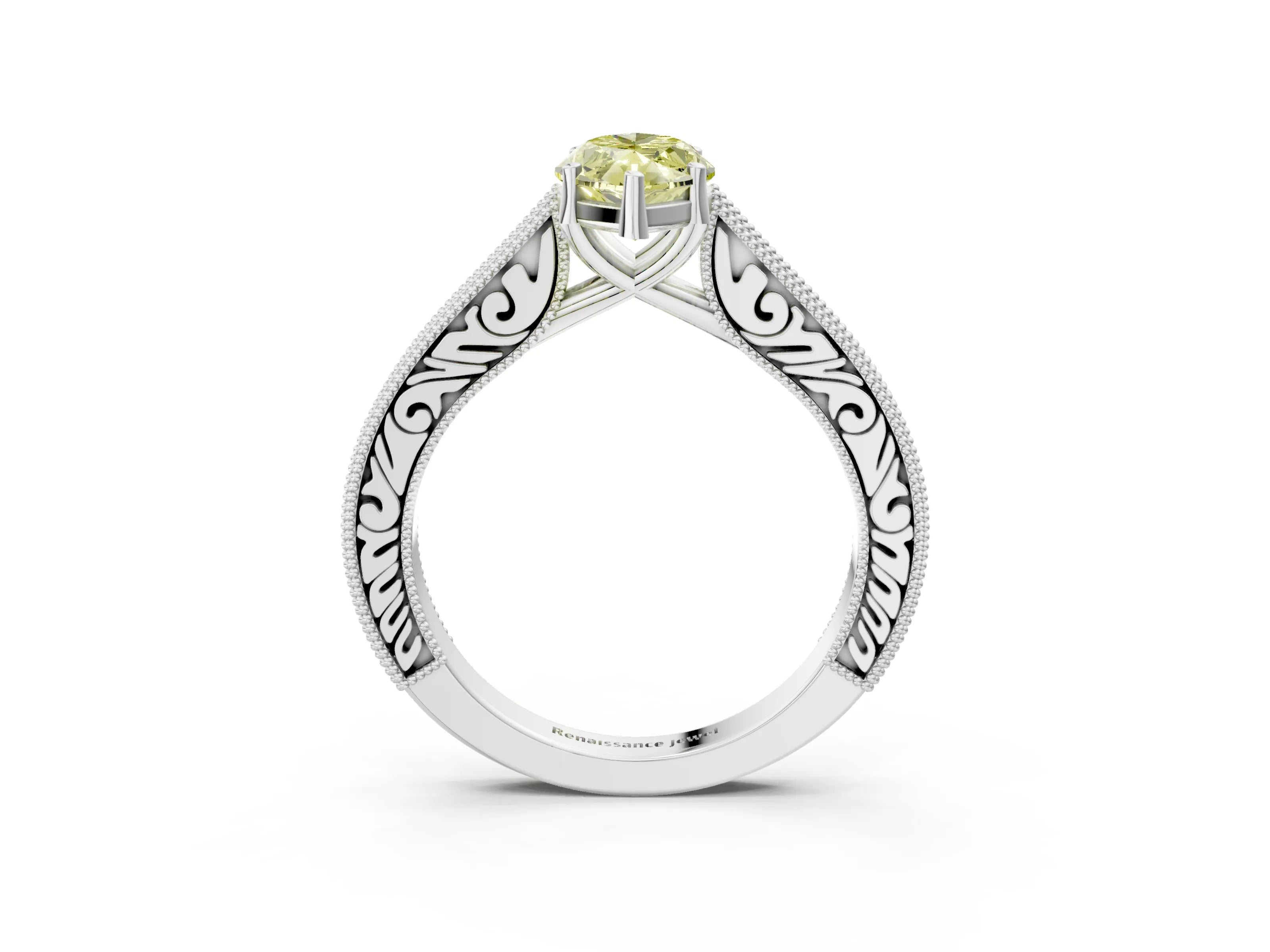 White gold Fancy Yellow Marquise Cut Cut Pave Band Milgrain Solitaire Ring_3