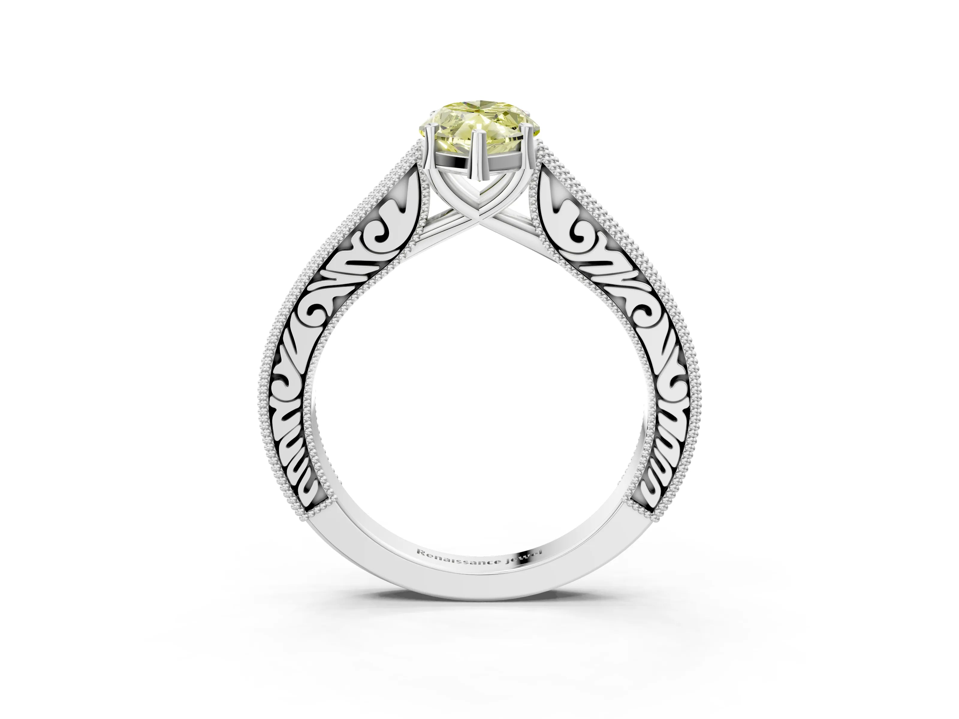 White gold Fancy Yellow Marquise Cut Cut Pave Band Milgrain Solitaire Ring_3