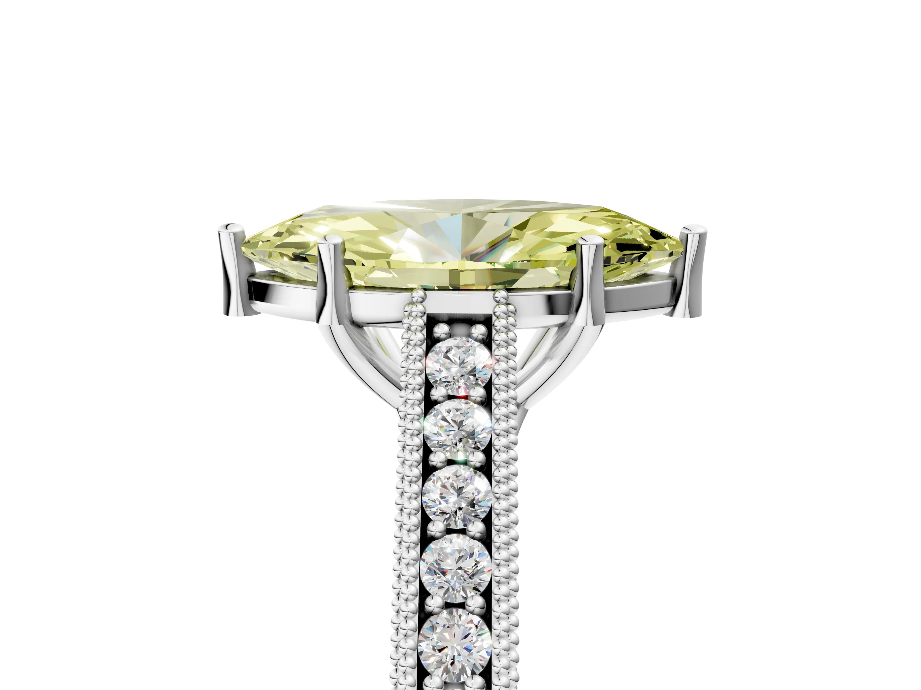 White gold Fancy Yellow Marquise Cut Cut Pave Band Milgrain Solitaire Ring_5