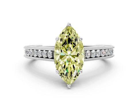White gold Fancy Yellow Marquise Cut Cut Pave Band Milgrain Solitaire Ring