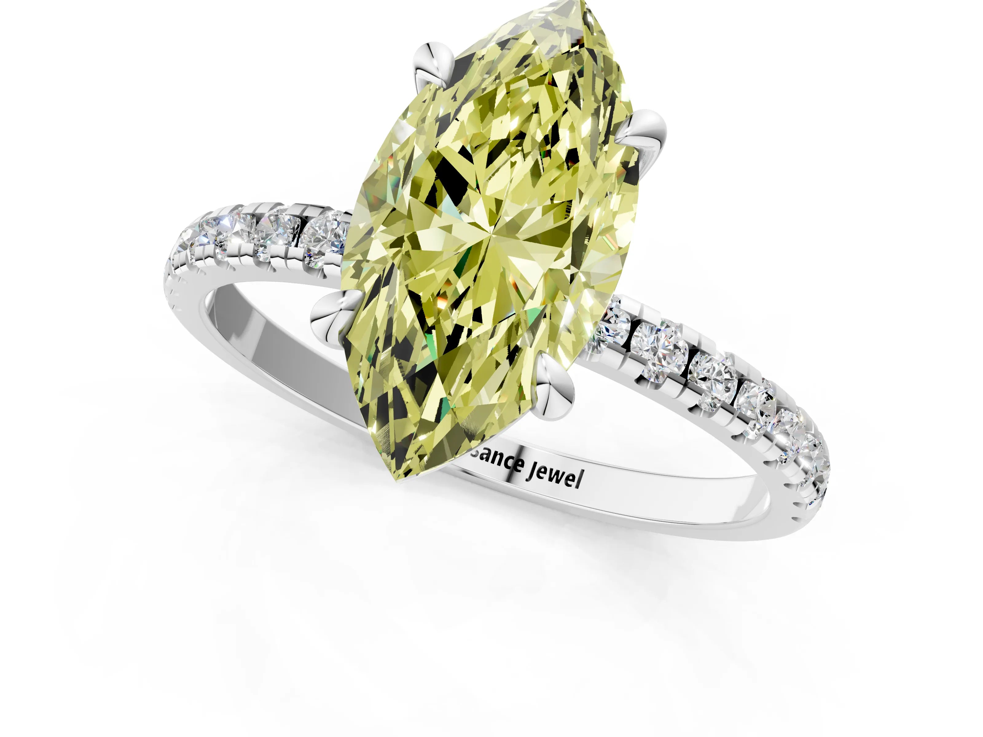 White gold Fancy Yellow Marquise Cut Diamond Brilliant Solitaire Ring with Pavé Band and Four-Prong Setting_1