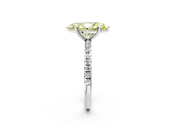 Platinum Fancy Yellow Marquise Cut Diamond Brilliant Solitaire Ring with Pavé Band and Four-Prong Setting