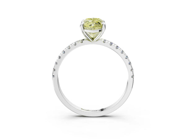 Platinum Fancy Yellow Marquise Cut Diamond Brilliant Solitaire Ring with Pavé Band and Four-Prong Setting