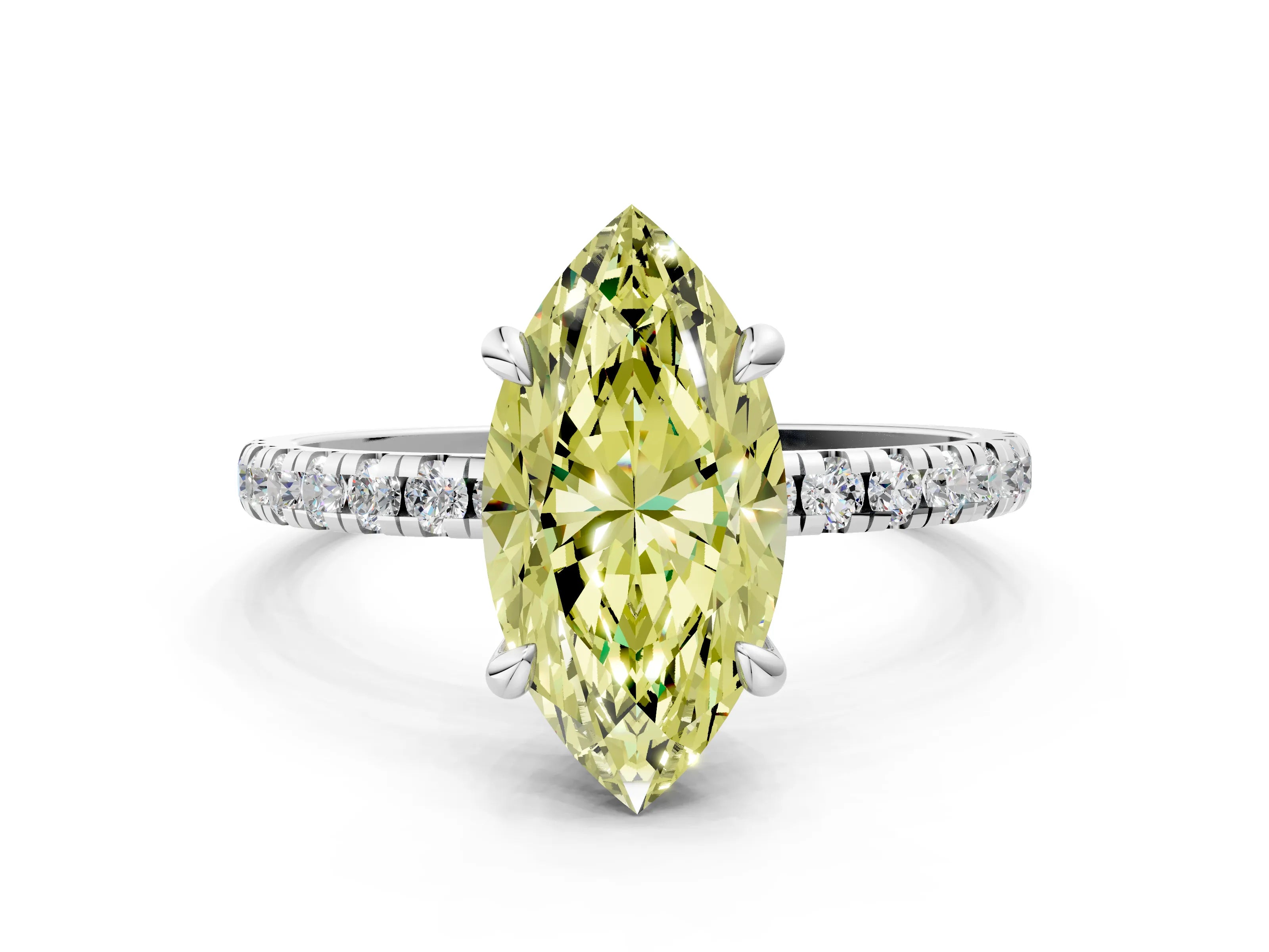 White gold Fancy Yellow Marquise Cut Diamond Brilliant Solitaire Ring with Pavé Band and Four-Prong Setting