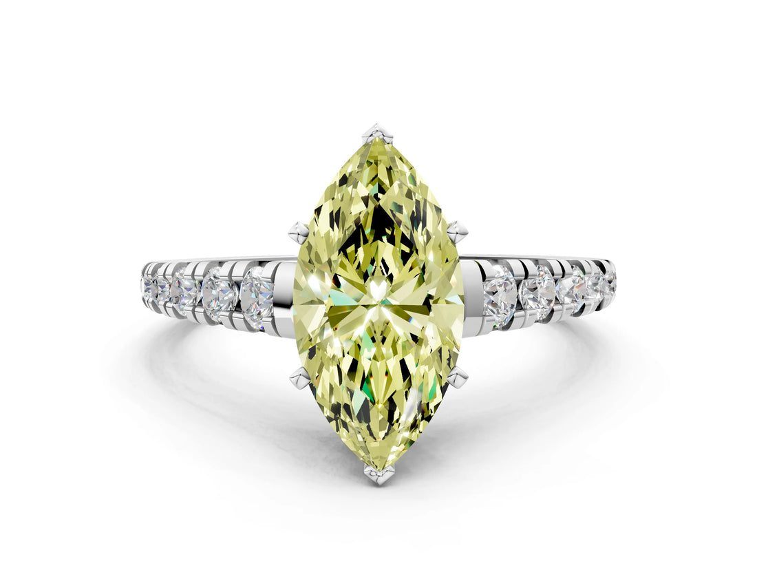 White gold Fancy Yellow Marquise Cut Diamond Cathedral Solitaire Ring with Round  Pavé Band_89