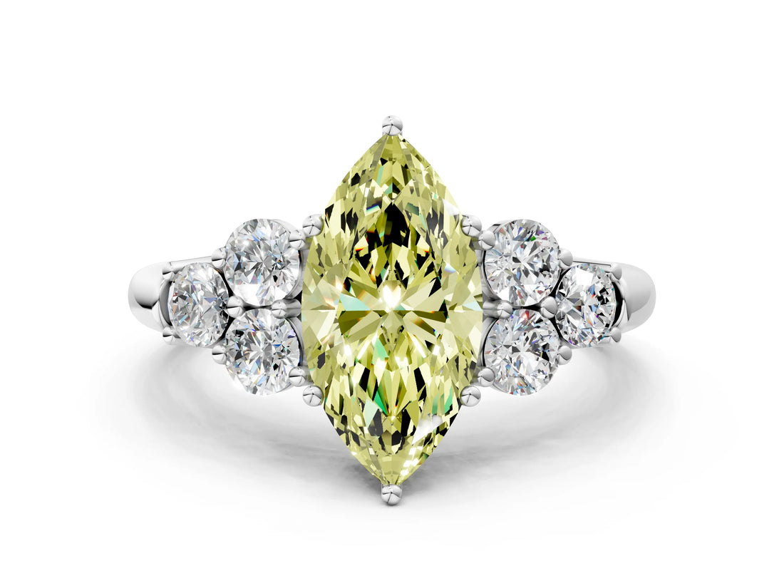 White gold Fancy Yellow Marquise  Cut Diamond Cluster Ring with Round Accent Stones and Prong Setting on a Classic Band_28