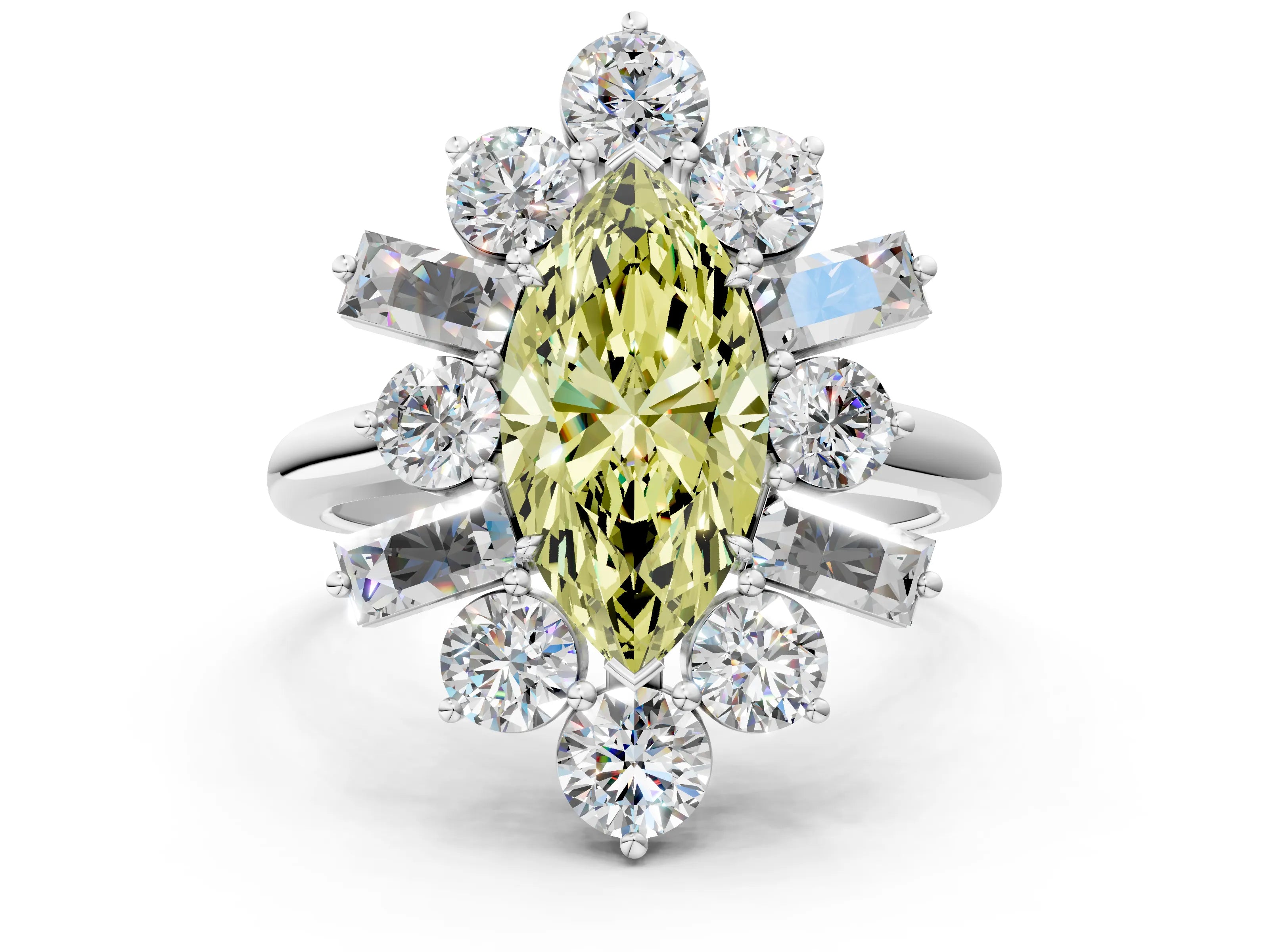 White gold Fancy Yellow Marquise Cut Diamond Cluster Ring with Round and Baguette Stones, Split Shank Band, Prong Setting
