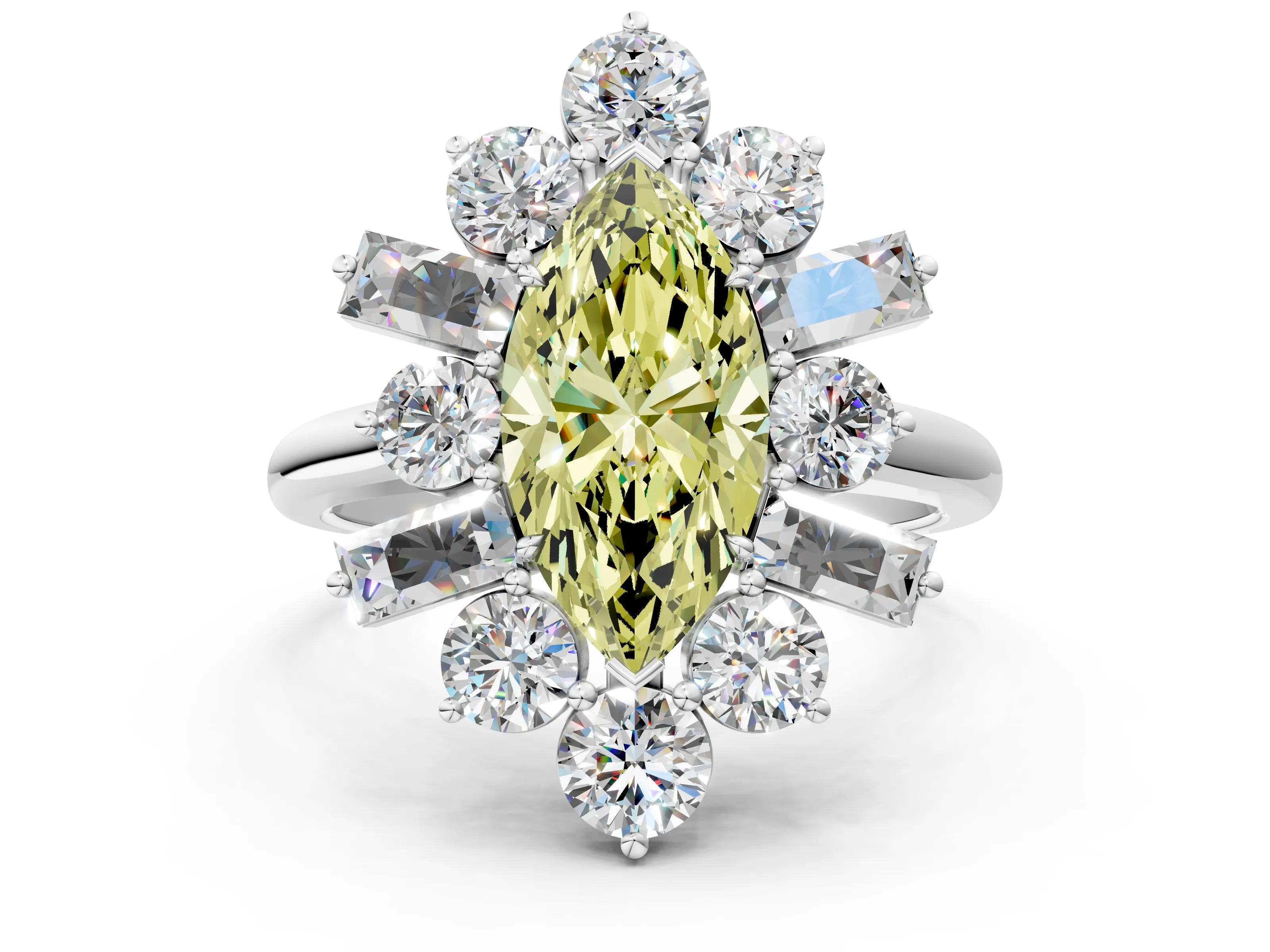 White gold Fancy Yellow Marquise Cut Diamond Cluster Ring with Round and Baguette Stones, Split Shank Band, Prong Setting_12