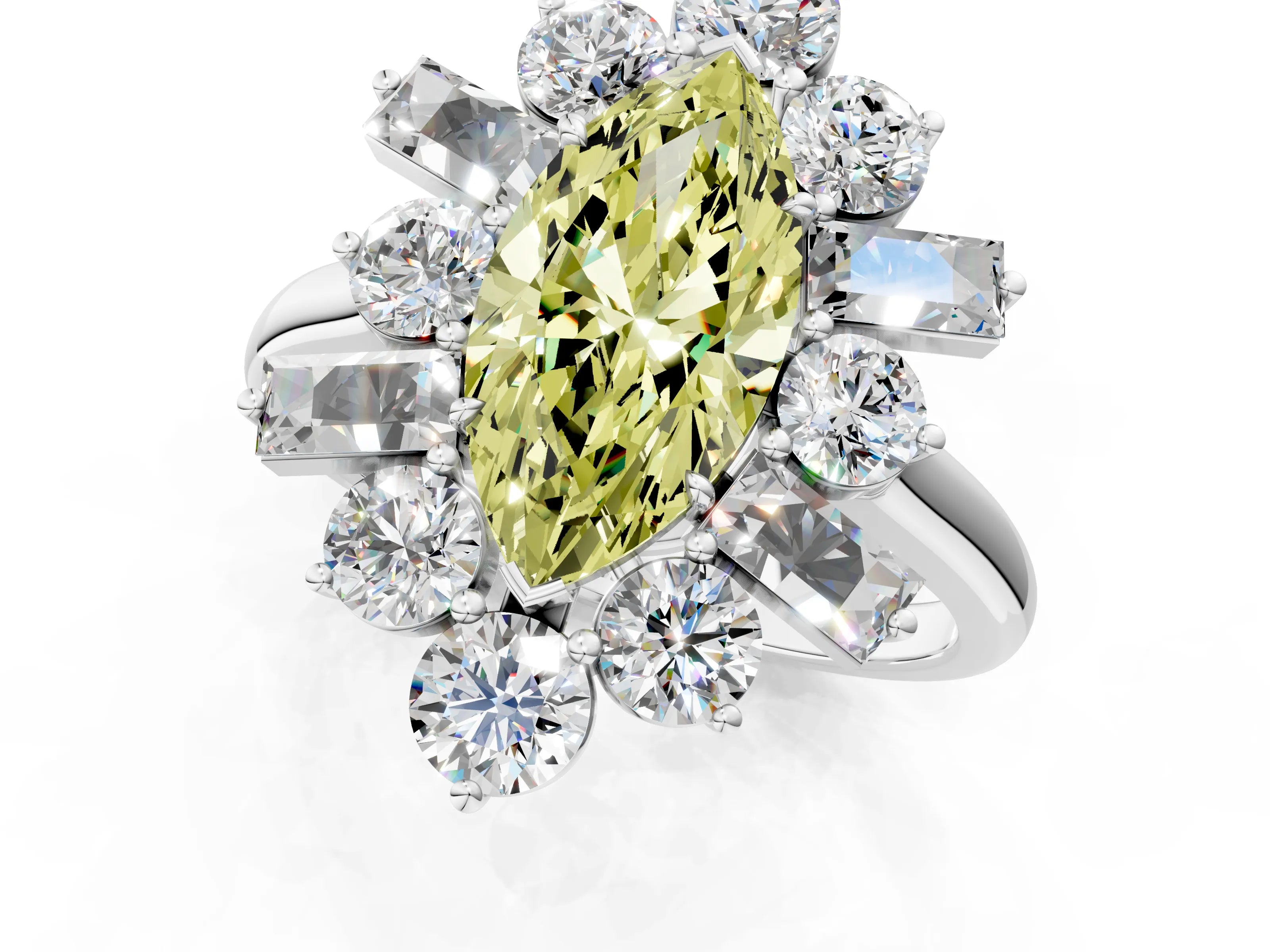 White gold Fancy Yellow Marquise Cut Diamond Cluster Ring with Round and Baguette Stones, Split Shank Band, Prong Setting_13
