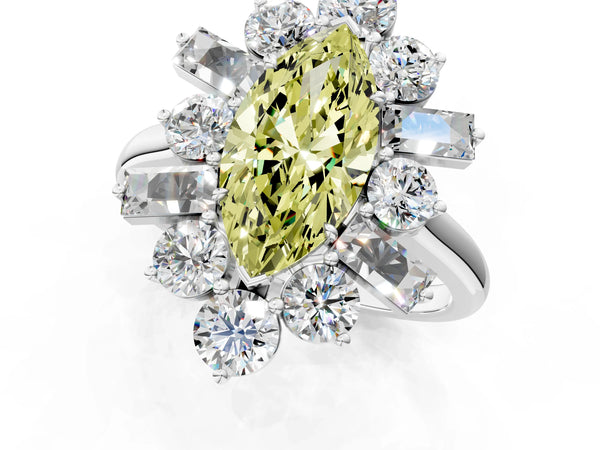 Platinum Fancy Yellow Marquise Cut Diamond Cluster Ring with Round and Baguette Stones, Split Shank Band, Prong Setting