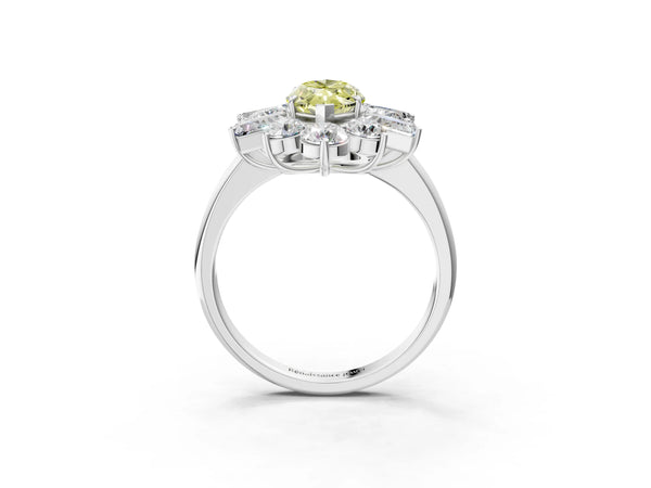 Platinum Fancy Yellow Marquise Cut Diamond Cluster Ring with Round and Baguette Stones, Split Shank Band, Prong Setting