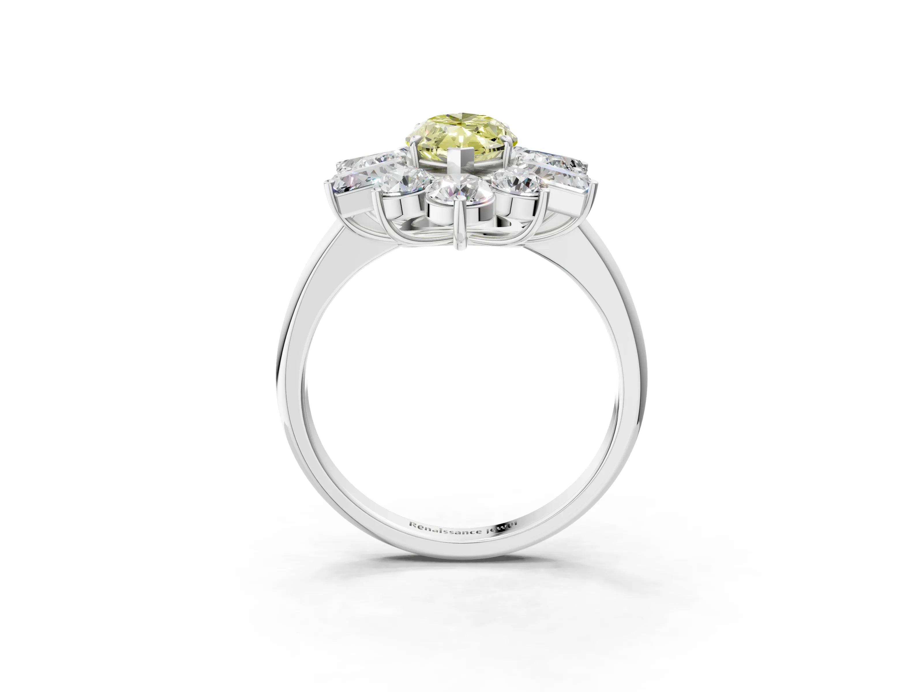 White gold Fancy Yellow Marquise Cut Diamond Cluster Ring with Round and Baguette Stones, Split Shank Band, Prong Setting_15