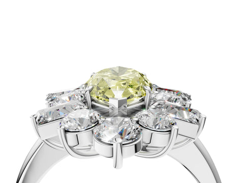 White gold Fancy Yellow Marquise Cut Diamond Cluster Ring with Round and Baguette Stones, Split Shank Band, Prong Setting_16