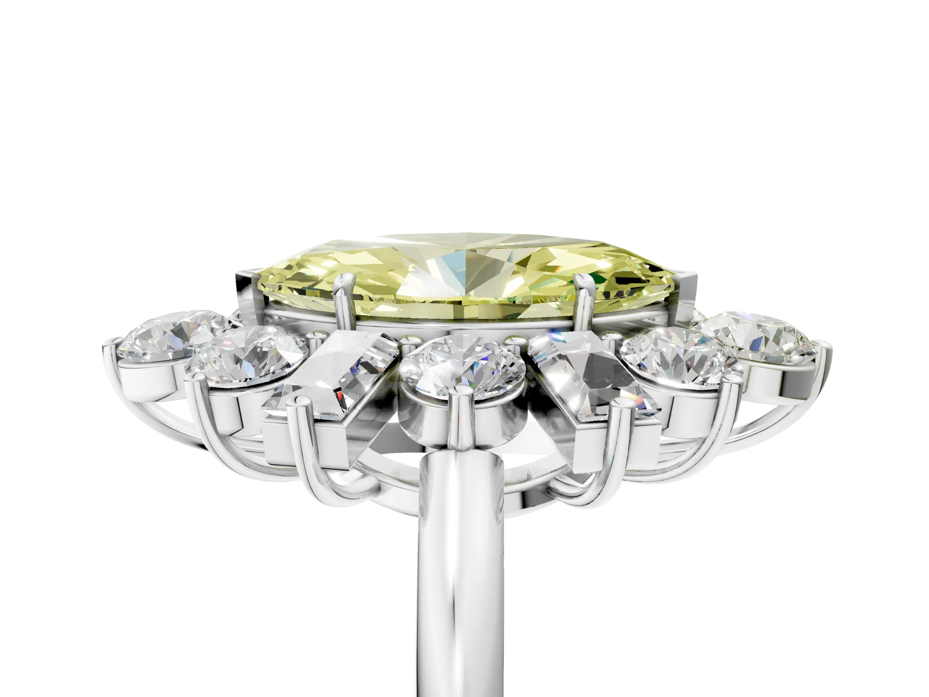 White gold Fancy Yellow Marquise Cut Diamond Cluster Ring with Round and Baguette Stones, Split Shank Band, Prong Setting_17
