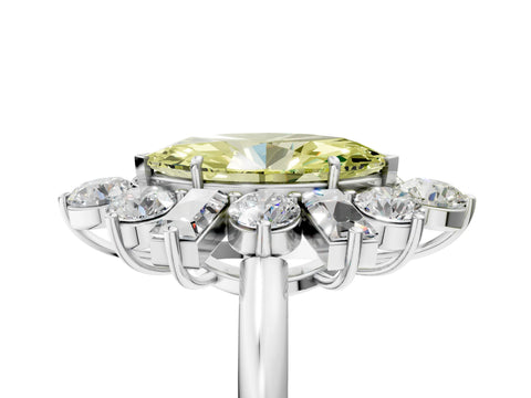 White gold Fancy Yellow Marquise Cut Diamond Cluster Ring with Round and Baguette Stones, Split Shank Band, Prong Setting_17