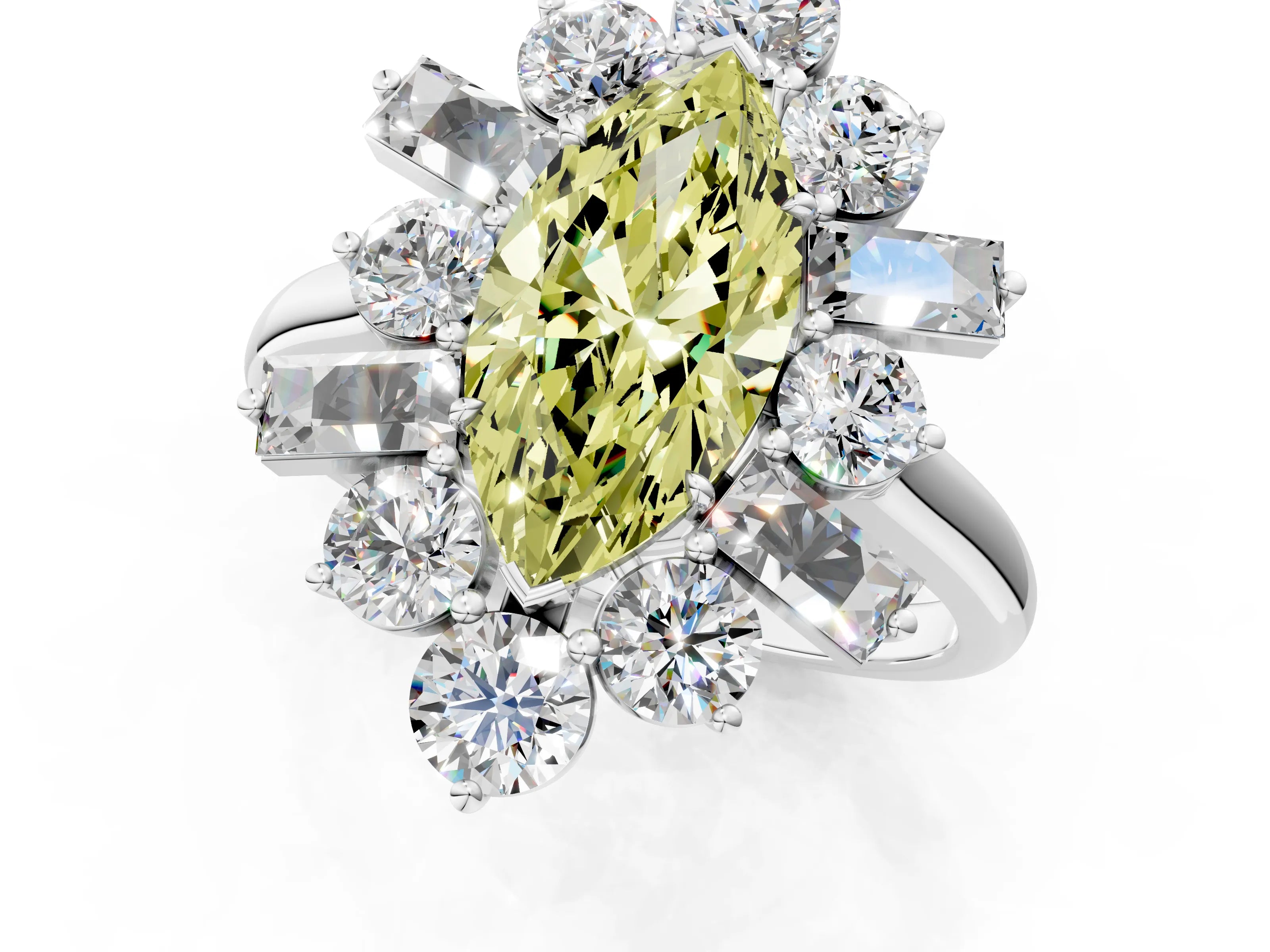 White gold Fancy Yellow Marquise Cut Diamond Cluster Ring with Round and Baguette Stones, Split Shank Band, Prong Setting_1
