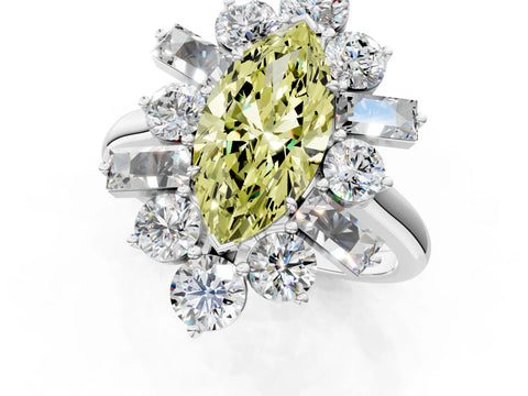 White gold Fancy Yellow Marquise Cut Diamond Cluster Ring with Round and Baguette Stones, Split Shank Band, Prong Setting_1