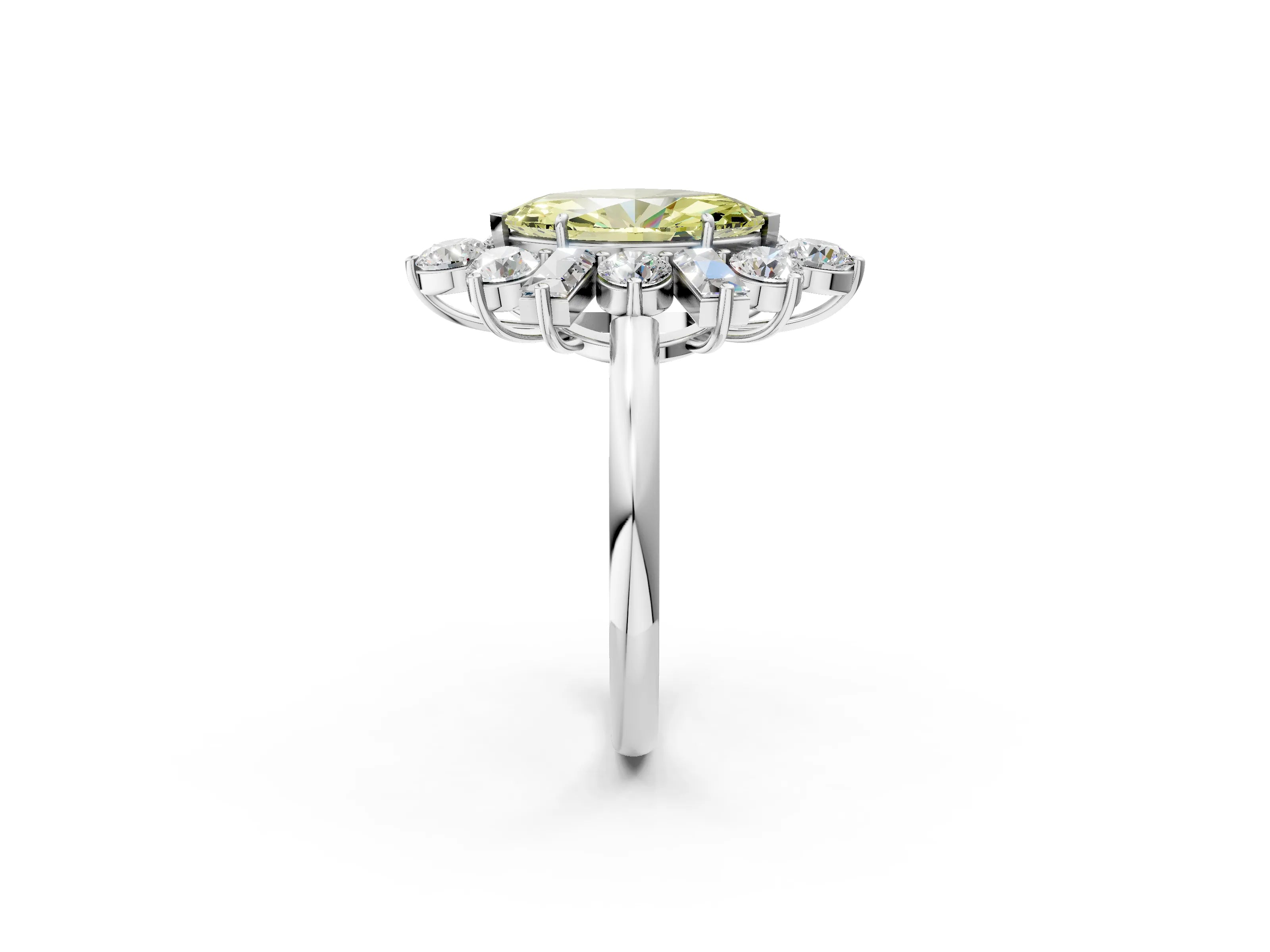 White gold Fancy Yellow Marquise Cut Diamond Cluster Ring with Round and Baguette Stones, Split Shank Band, Prong Setting_2