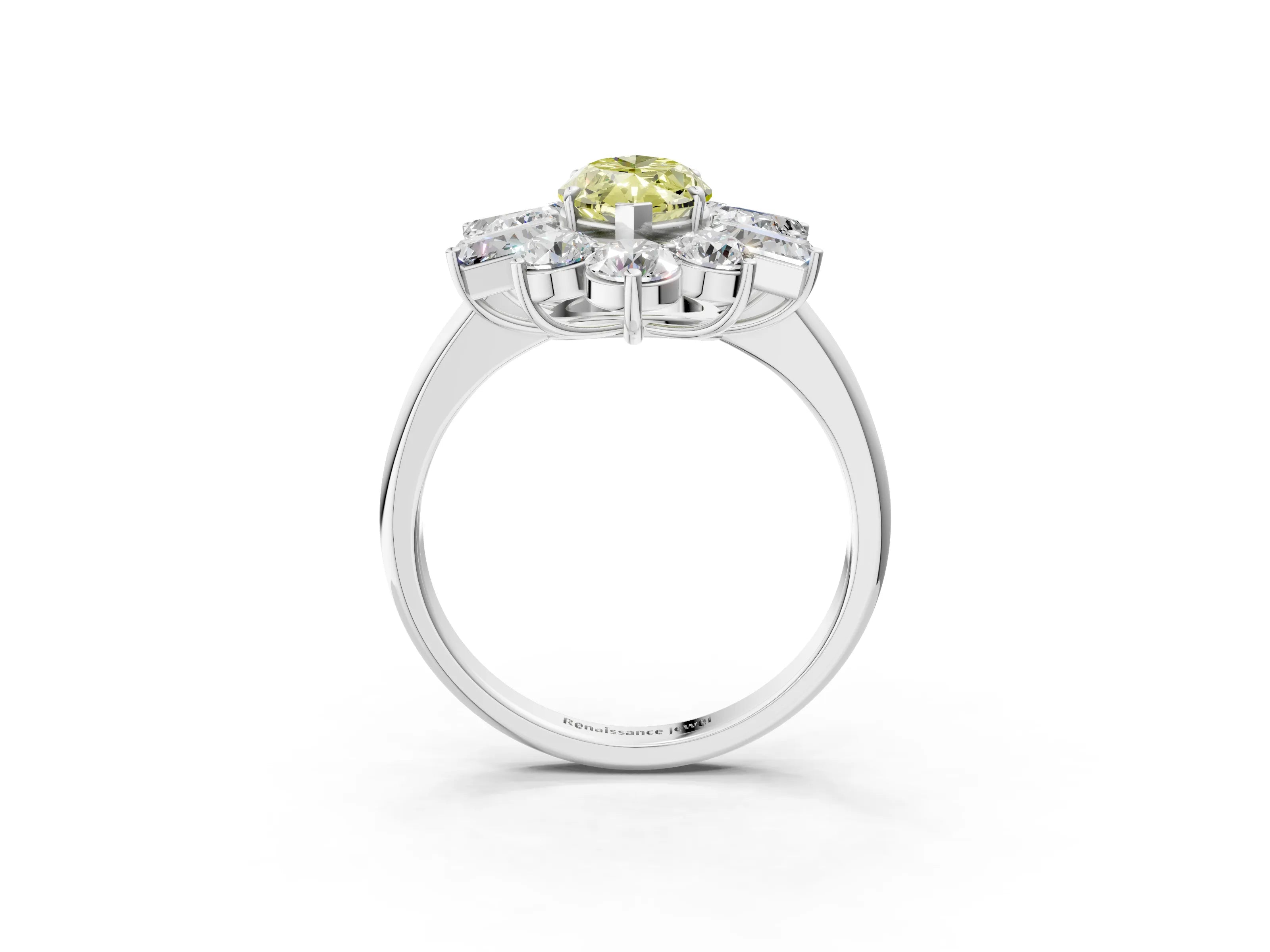 White gold Fancy Yellow Marquise Cut Diamond Cluster Ring with Round and Baguette Stones, Split Shank Band, Prong Setting_3
