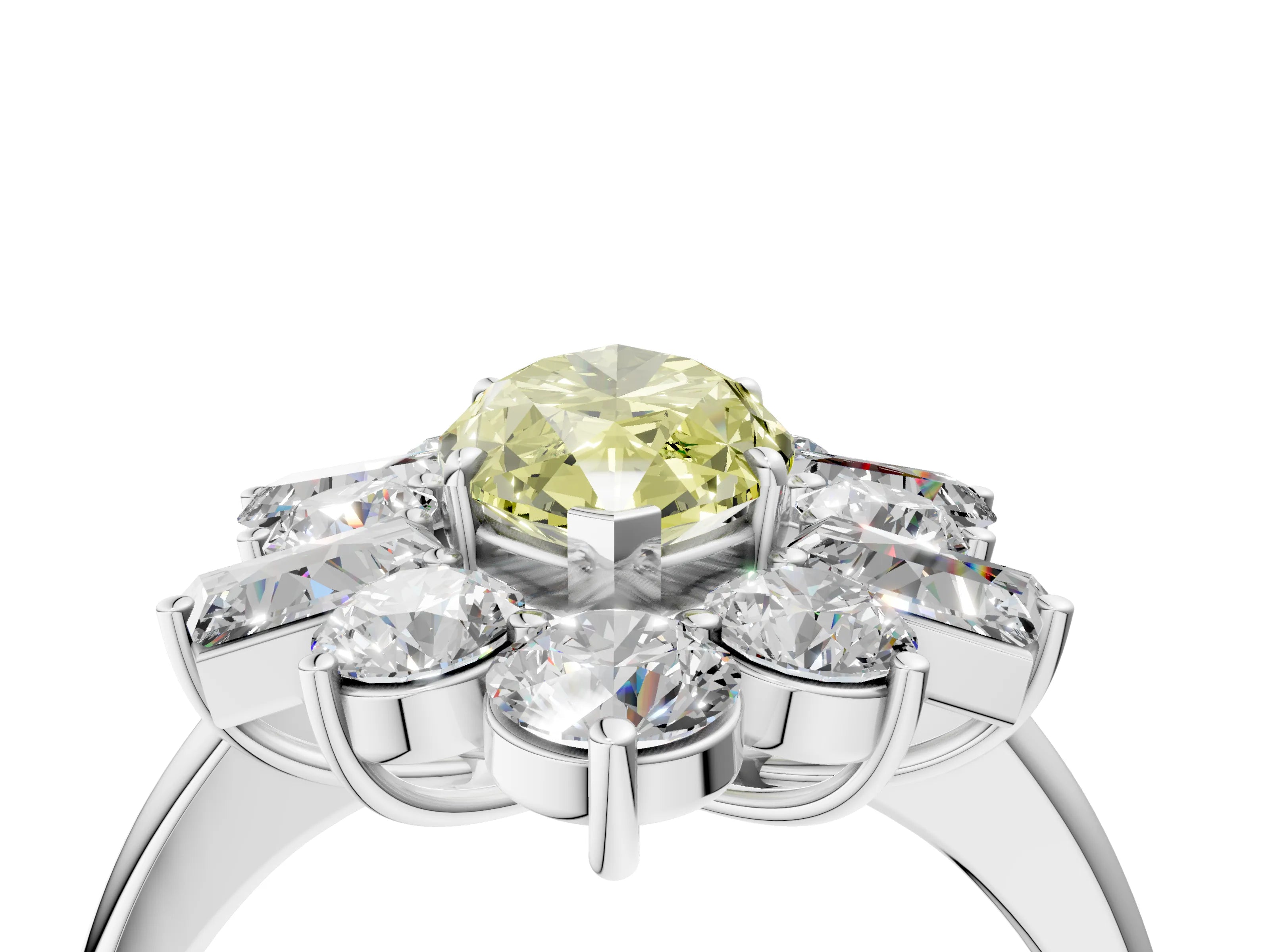 White gold Fancy Yellow Marquise Cut Diamond Cluster Ring with Round and Baguette Stones, Split Shank Band, Prong Setting_4