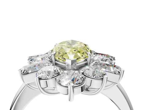 White gold Fancy Yellow Marquise Cut Diamond Cluster Ring with Round and Baguette Stones, Split Shank Band, Prong Setting_4