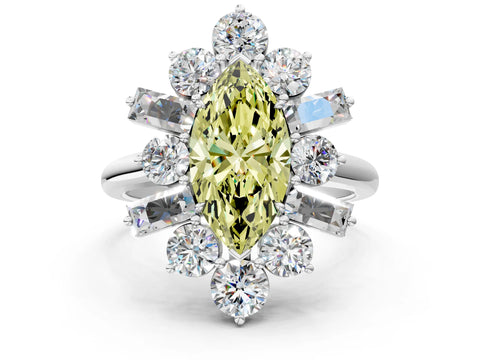 White gold Fancy Yellow Marquise Cut Diamond Cluster Ring with Round and Baguette Stones, Split Shank Band, Prong Setting